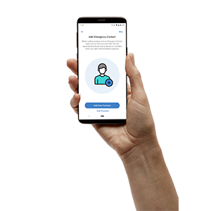 Hand hält Smartphone, auf dem ein Screenshot der Masimo SafetyNet App angezeigt wird – Notfallkontakte